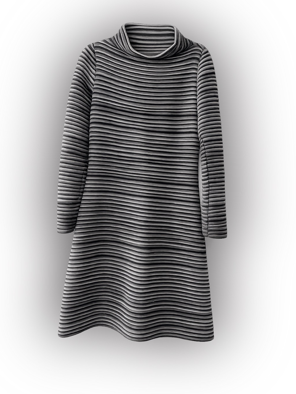 Vintage 60s Mod Style Grey Striped Mock Neck Shift Dress Thicker Knit M